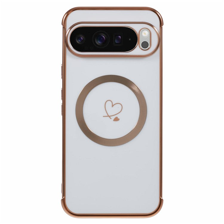 For Google Pixel 9 Pro XL Case Compatible with MagSafe Electroplated TPU Phone Cover Hollow Love Hearts - Ivory White