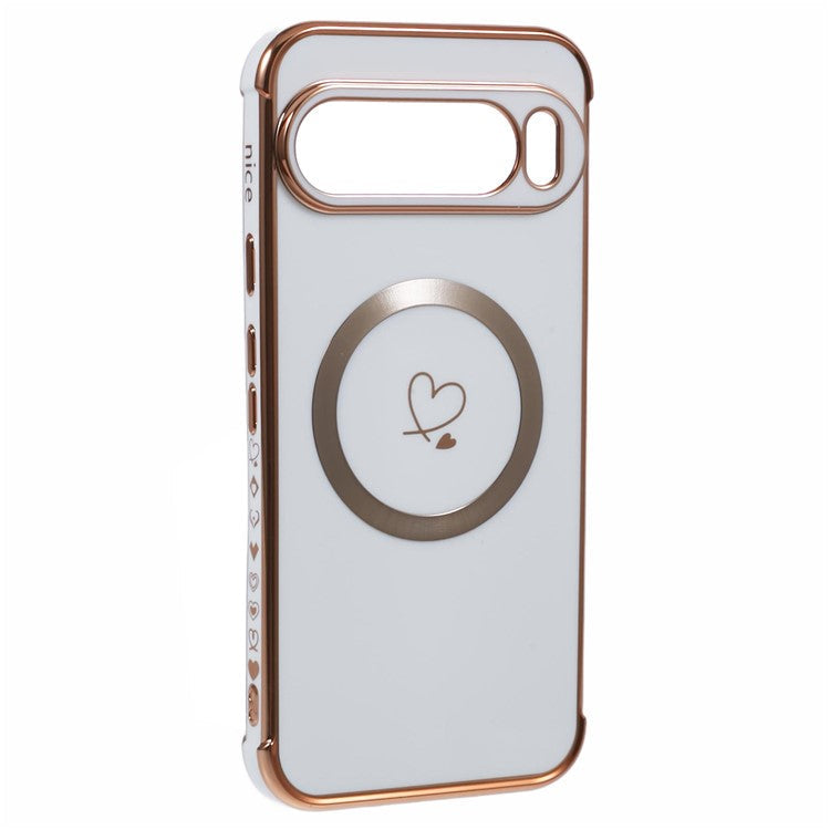 For Google Pixel 9 Pro XL Case Compatible with MagSafe Electroplated TPU Phone Cover Hollow Love Hearts - Ivory White
