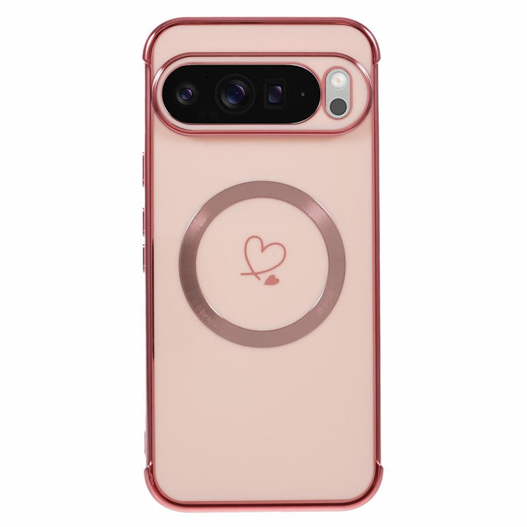 For Google Pixel 9 Pro XL Case Compatible with MagSafe Electroplated TPU Phone Cover Hollow Love Hearts - Rose Gold