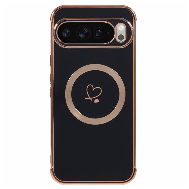 For Google Pixel 9 Pro XL Case Compatible with MagSafe Electroplated TPU Phone Cover Hollow Love Hearts - Black