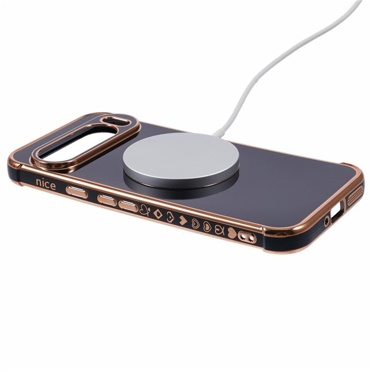 For Google Pixel 9 Pro XL Case Compatible with MagSafe Electroplated TPU Phone Cover Hollow Love Hearts - Black