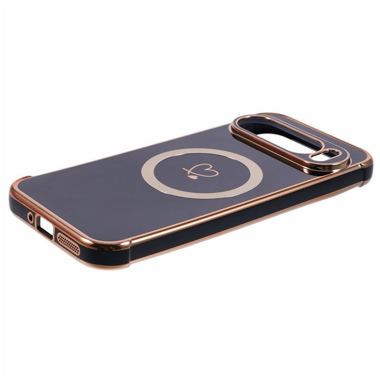 For Google Pixel 9 Pro XL Case Compatible with MagSafe Electroplated TPU Phone Cover Hollow Love Hearts - Black
