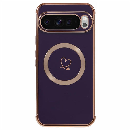 For Google Pixel 9 Pro XL Case Compatible with MagSafe Electroplated TPU Phone Cover Hollow Love Hearts - Dark Purple