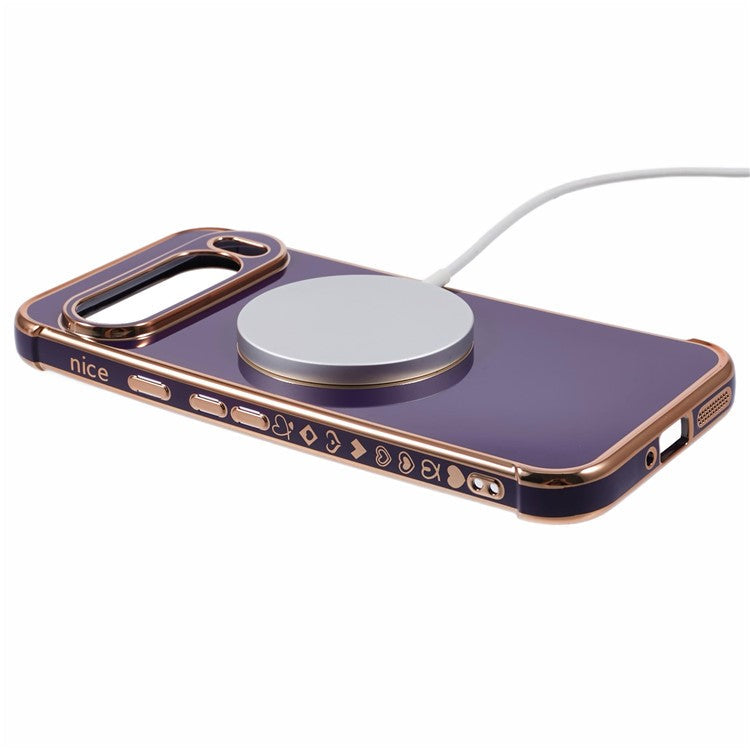 For Google Pixel 9 Pro XL Case Compatible with MagSafe Electroplated TPU Phone Cover Hollow Love Hearts - Dark Purple