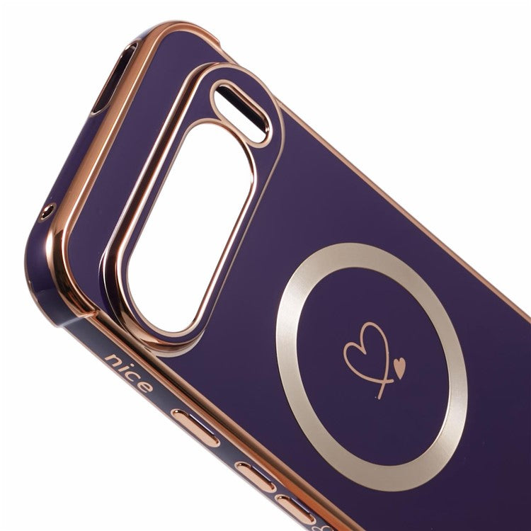 For Google Pixel 9 Pro XL Case Compatible with MagSafe Electroplated TPU Phone Cover Hollow Love Hearts - Dark Purple