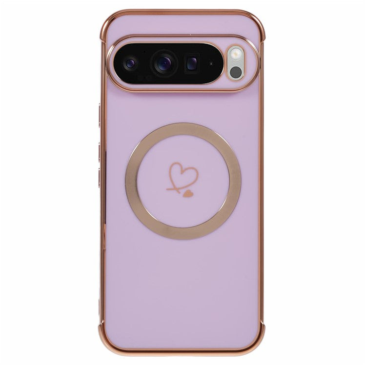 For Google Pixel 9 Pro XL Case Compatible with MagSafe Electroplated TPU Phone Cover Hollow Love Hearts - Purple