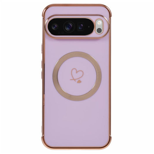 For Google Pixel 9 Pro XL Case Compatible with MagSafe Electroplated TPU Phone Cover Hollow Love Hearts - Purple