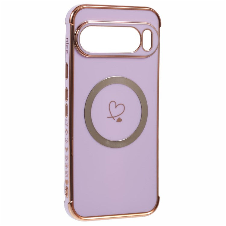 For Google Pixel 9 Pro XL Case Compatible with MagSafe Electroplated TPU Phone Cover Hollow Love Hearts - Purple