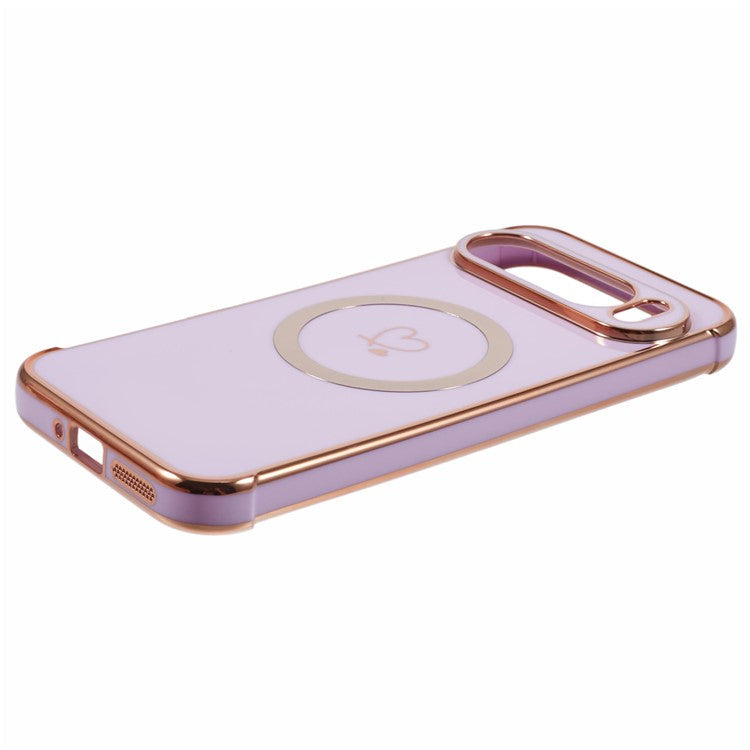 For Google Pixel 9 Pro XL Case Compatible with MagSafe Electroplated TPU Phone Cover Hollow Love Hearts - Purple