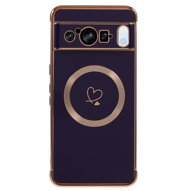 For Google Pixel 8 Pro Case Compatible with MagSafe Electroplated TPU Phone Cover Hollow Love Hearts - Dark Purple