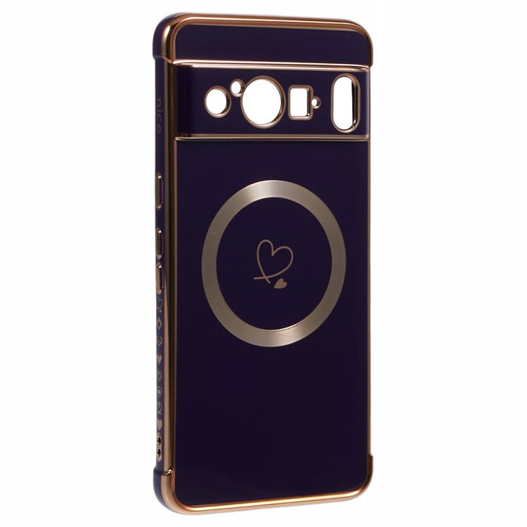For Google Pixel 8 Pro Case Compatible with MagSafe Electroplated TPU Phone Cover Hollow Love Hearts - Dark Purple
