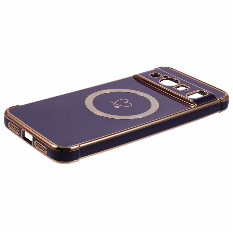For Google Pixel 8 Pro Case Compatible with MagSafe Electroplated TPU Phone Cover Hollow Love Hearts - Dark Purple