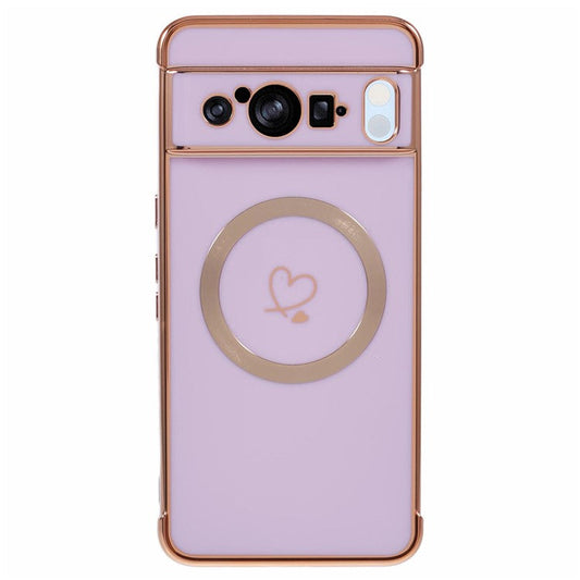 For Google Pixel 8 Pro Case Compatible with MagSafe Electroplated TPU Phone Cover Hollow Love Hearts - Purple
