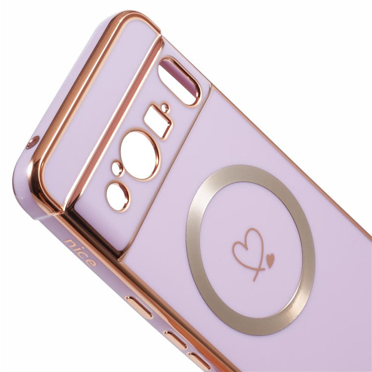 For Google Pixel 8 Pro Case Compatible with MagSafe Electroplated TPU Phone Cover Hollow Love Hearts - Purple