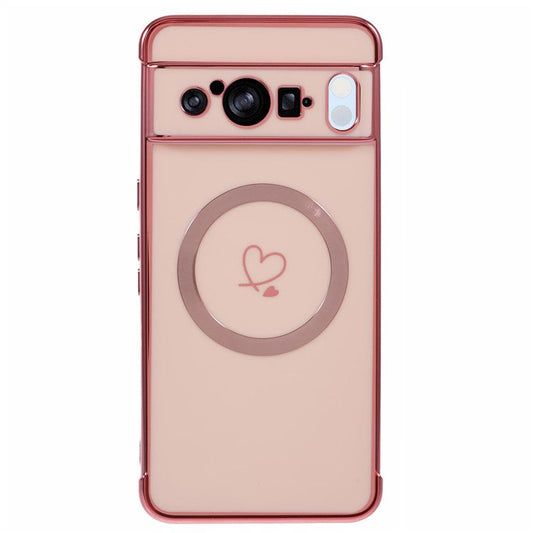 For Google Pixel 8 Pro Case Compatible with MagSafe Electroplated TPU Phone Cover Hollow Love Hearts - Rose Pink