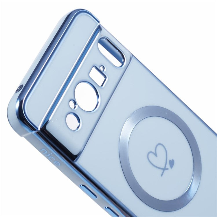 For Google Pixel 8 Pro Case Compatible with MagSafe Electroplated TPU Phone Cover Hollow Love Hearts - Blue