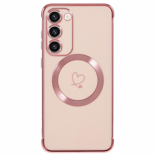 For Samsung Galaxy S23+ Case Compatible with MagSafe Electroplated TPU Phone Cover Hollow Love Hearts - Rose Pink