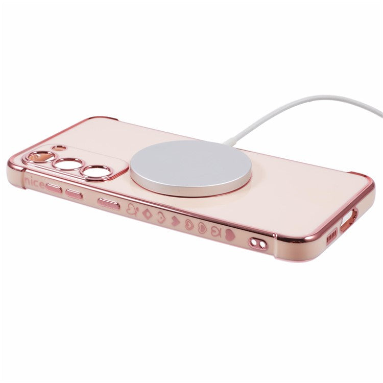 For Samsung Galaxy S23+ Case Compatible with MagSafe Electroplated TPU Phone Cover Hollow Love Hearts - Rose Pink