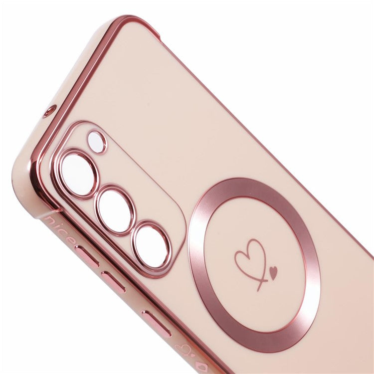 For Samsung Galaxy S23+ Case Compatible with MagSafe Electroplated TPU Phone Cover Hollow Love Hearts - Rose Pink