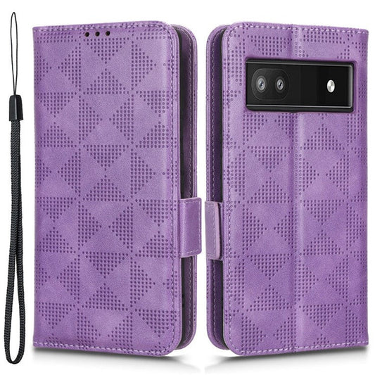 For Google Pixel 6a Imprinted Triangle Pattern Flip Phone Cover Stand Wallet PU Leather Phone Case with Strap - Purple