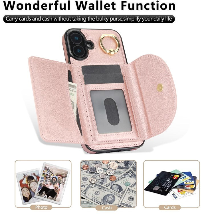For iPhone 16 Plus Case RFID Blocking Wallet Kickstand Leather + TPU Phone Cover - Rose Gold