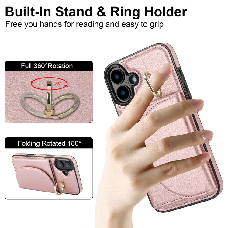 For iPhone 16 Plus Case RFID Blocking Wallet Kickstand Leather + TPU Phone Cover - Rose Gold
