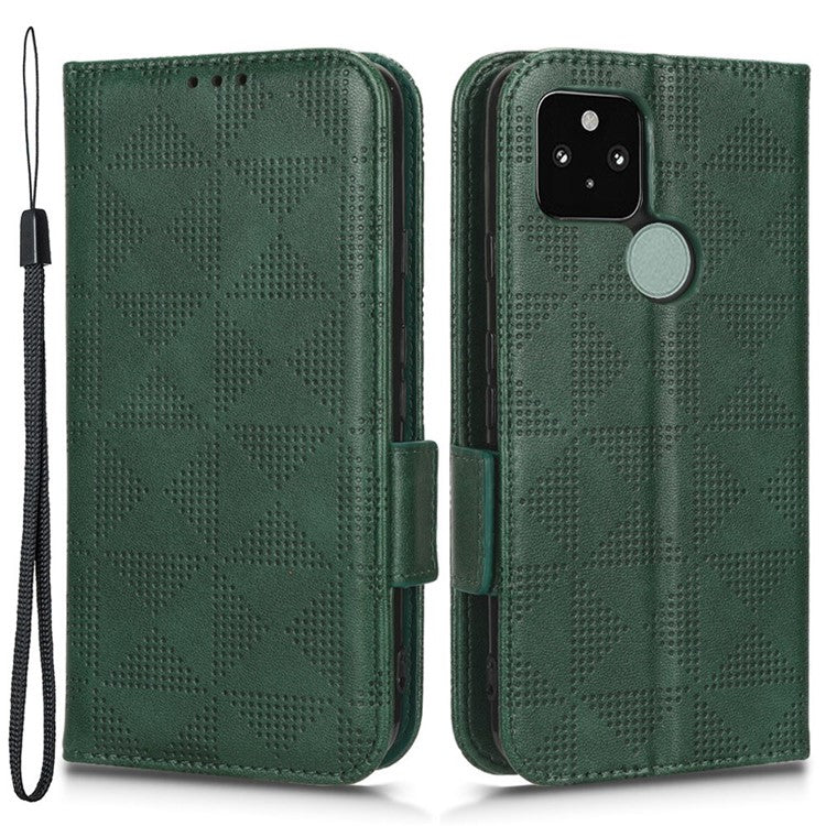 For Google Pixel 5 Imprinted Triangle Pattern Flip Phone Case Stand Wallet Drop Protection PU Leather Cover with Strap - Green