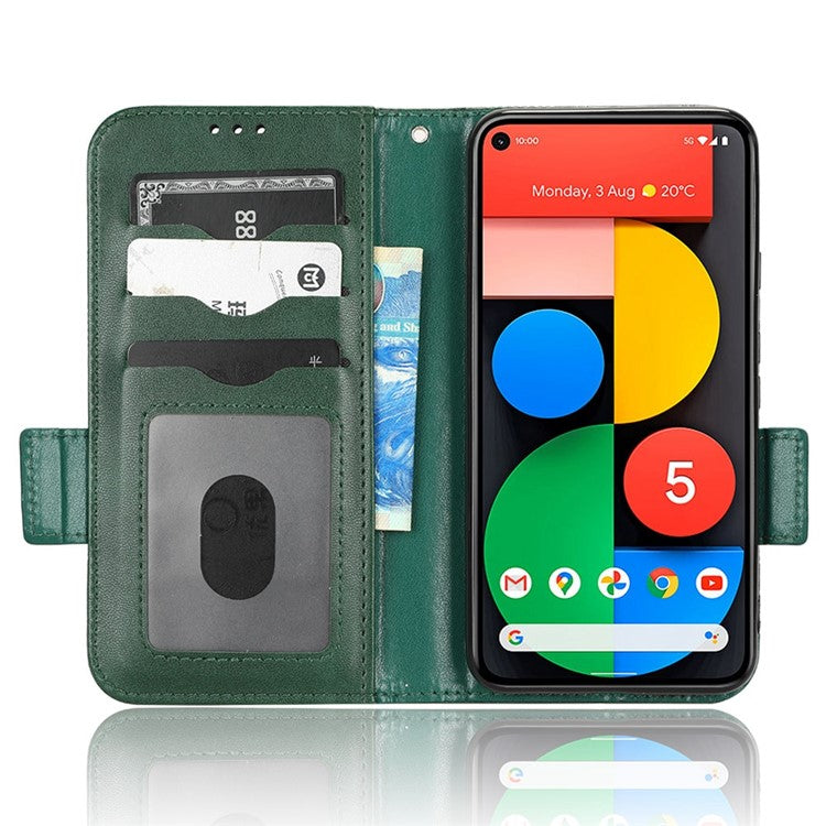 For Google Pixel 5 Imprinted Triangle Pattern Flip Phone Case Stand Wallet Drop Protection PU Leather Cover with Strap - Green