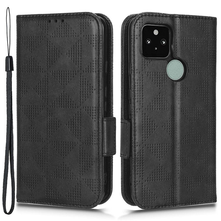 For Google Pixel 5 Imprinted Triangle Pattern Flip Phone Case Stand Wallet Drop Protection PU Leather Cover with Strap - Black