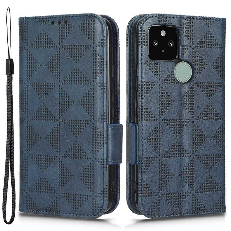 For Google Pixel 5 Imprinted Triangle Pattern Flip Phone Case Stand Wallet Drop Protection PU Leather Cover with Strap - Blue