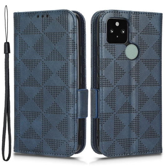 For Google Pixel 5 Imprinted Triangle Pattern Flip Phone Case Stand Wallet Drop Protection PU Leather Cover with Strap - Blue
