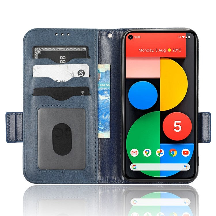 For Google Pixel 5 Imprinted Triangle Pattern Flip Phone Case Stand Wallet Drop Protection PU Leather Cover with Strap - Blue
