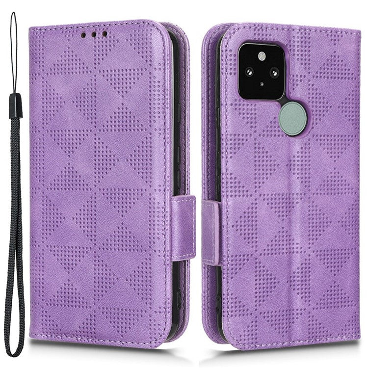 For Google Pixel 5 Imprinted Triangle Pattern Flip Phone Case Stand Wallet Drop Protection PU Leather Cover with Strap - Purple