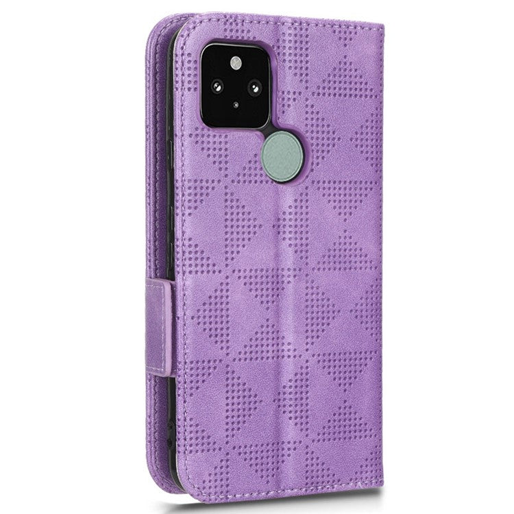 For Google Pixel 5 Imprinted Triangle Pattern Flip Phone Case Stand Wallet Drop Protection PU Leather Cover with Strap - Purple