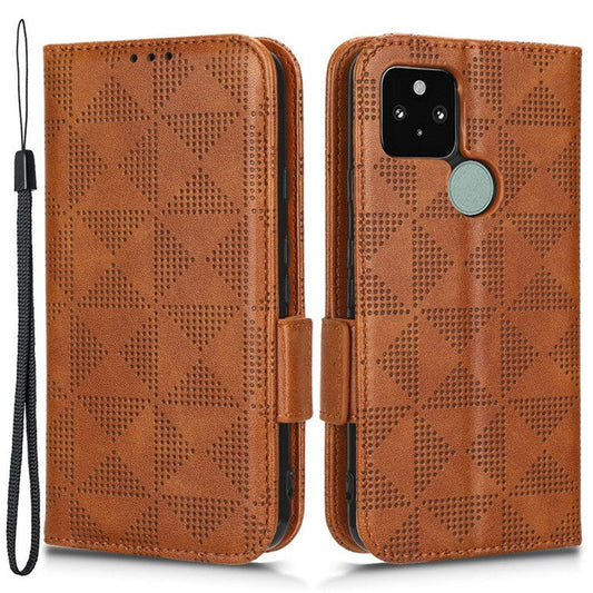 For Google Pixel 5 Imprinted Triangle Pattern Flip Phone Case Stand Wallet Drop Protection PU Leather Cover with Strap - Brown