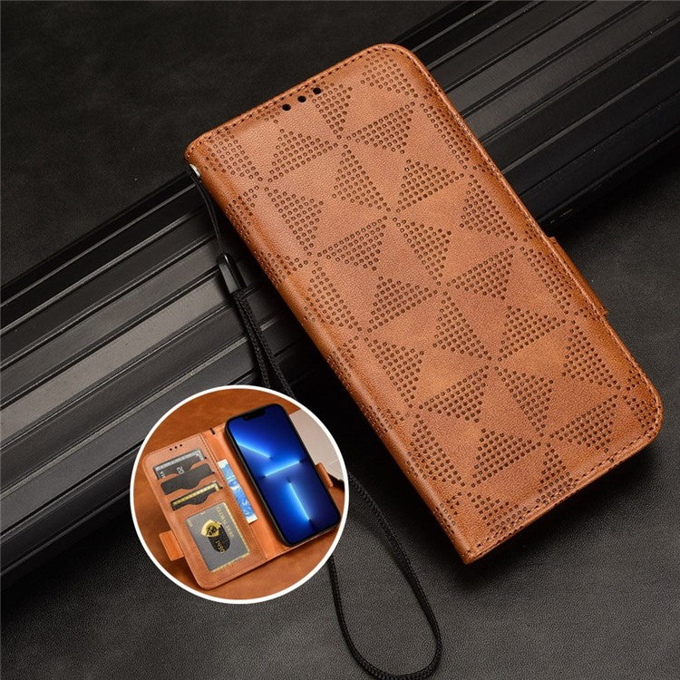 For Google Pixel 5 Imprinted Triangle Pattern Flip Phone Case Stand Wallet Drop Protection PU Leather Cover with Strap - Brown