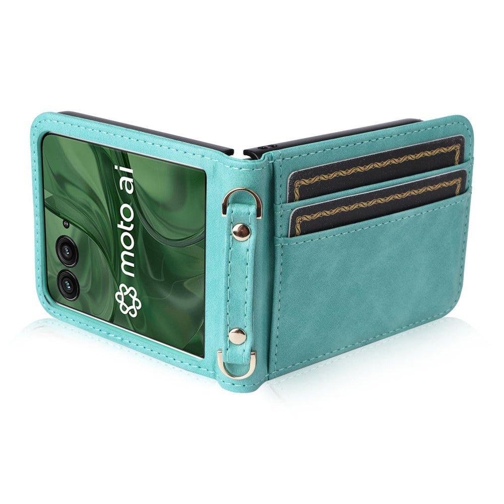 For Motorola Razr 50 Ultra 5G / Razr+ 2024 5G Case Card Slots Leather Phone Cover with Lanyard - Green