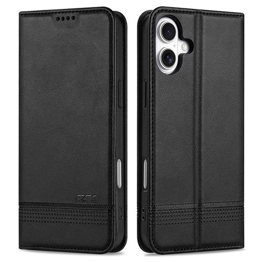 AZNS For iPhone 16 Plus Case Cowhide Texture PU Leather Wallet Phone Cover - Black