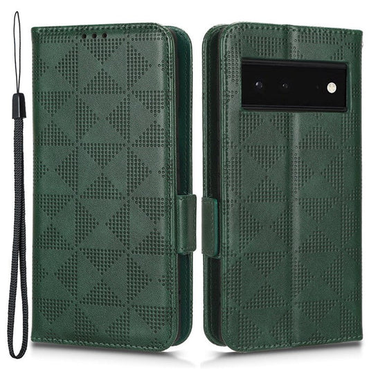 Cell Phone Case for Google Pixel 6, Imprinted Triangle Stand Anti-scratch Wallet PU Leather Cover with Strap - Green