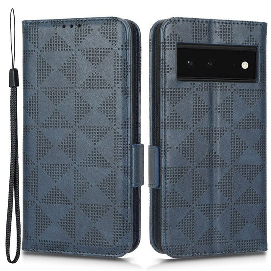 Cell Phone Case for Google Pixel 6, Imprinted Triangle Stand Anti-scratch Wallet PU Leather Cover with Strap - Blue