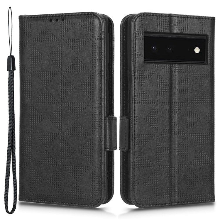 Cell Phone Case for Google Pixel 6, Imprinted Triangle Stand Anti-scratch Wallet PU Leather Cover with Strap - Black