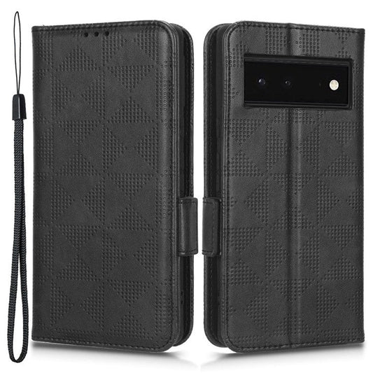 Cell Phone Case for Google Pixel 6, Imprinted Triangle Stand Anti-scratch Wallet PU Leather Cover with Strap - Black