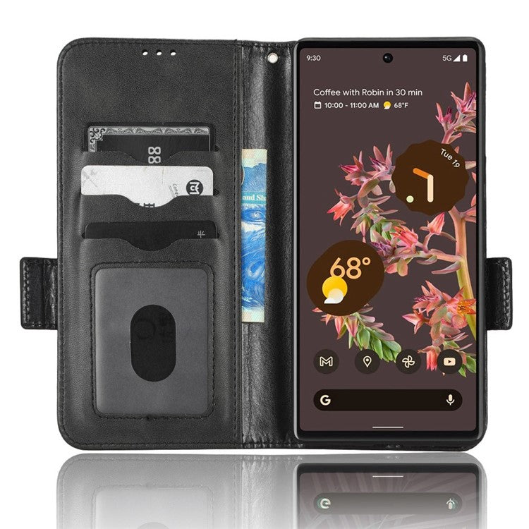 Cell Phone Case for Google Pixel 6, Imprinted Triangle Stand Anti-scratch Wallet PU Leather Cover with Strap - Black
