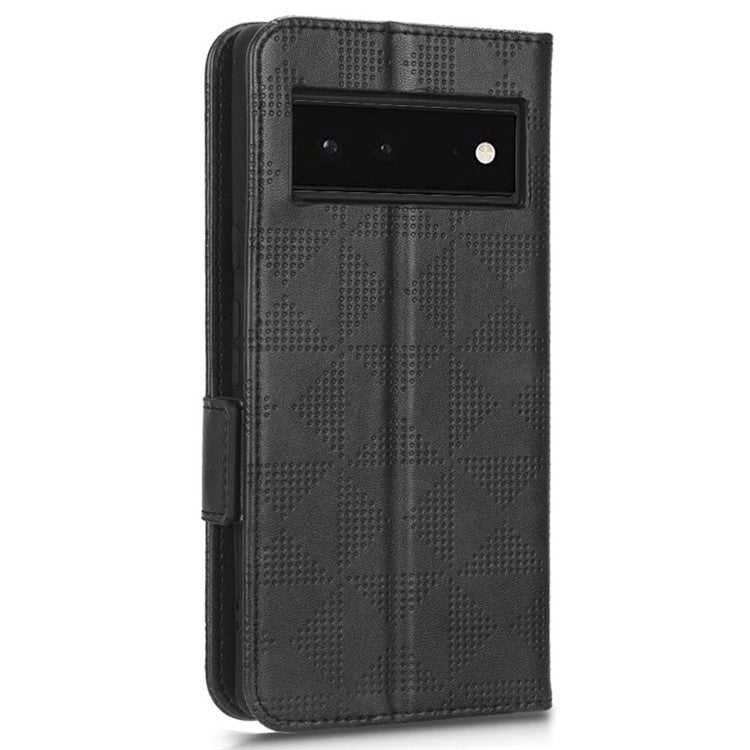 Cell Phone Case for Google Pixel 6, Imprinted Triangle Stand Anti-scratch Wallet PU Leather Cover with Strap - Black