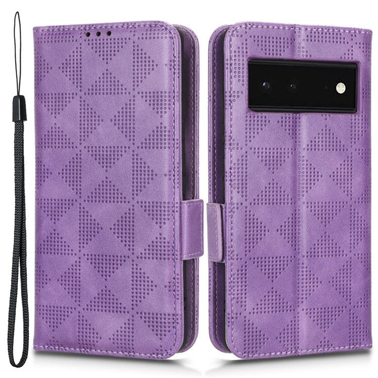 Cell Phone Case for Google Pixel 6, Imprinted Triangle Stand Anti-scratch Wallet PU Leather Cover with Strap - Purple