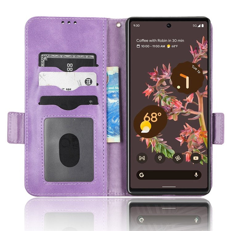 Cell Phone Case for Google Pixel 6, Imprinted Triangle Stand Anti-scratch Wallet PU Leather Cover with Strap - Purple