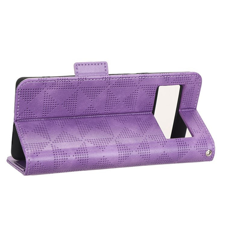 Cell Phone Case for Google Pixel 6, Imprinted Triangle Stand Anti-scratch Wallet PU Leather Cover with Strap - Purple