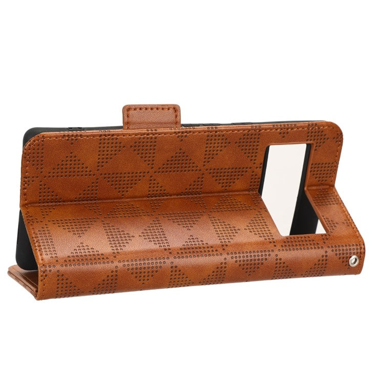 Cell Phone Case for Google Pixel 6, Imprinted Triangle Stand Anti-scratch Wallet PU Leather Cover with Strap - Brown