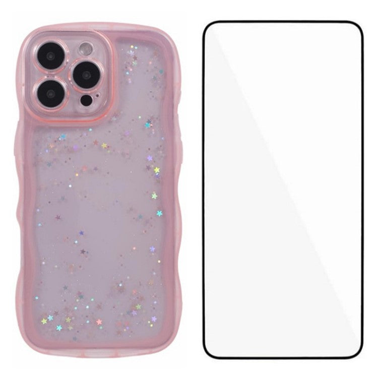 WANLONFENG JWT Series for iPhone 16 Pro TPU Case Epoxy Phone Cover Wavy Edge with Tempered Glass - Transparent Pink