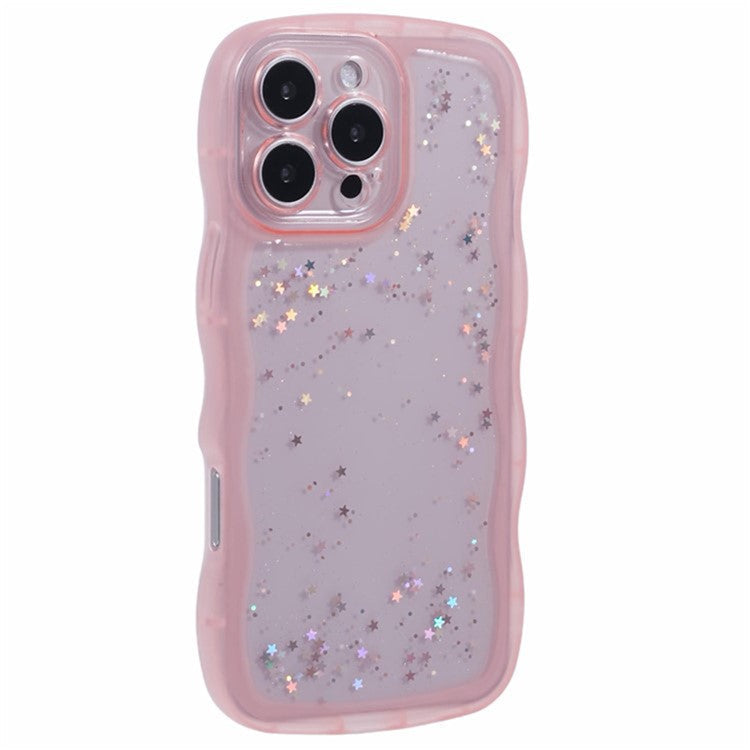 WANLONFENG JWT Series for iPhone 16 Pro TPU Case Epoxy Phone Cover Wavy Edge with Tempered Glass - Transparent Pink